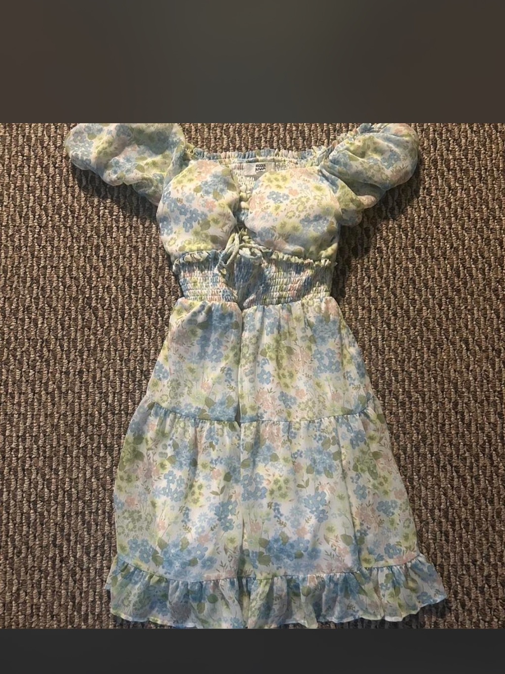 Pastel Floral Puff-Sleeve Kids Dress - Blue & Green